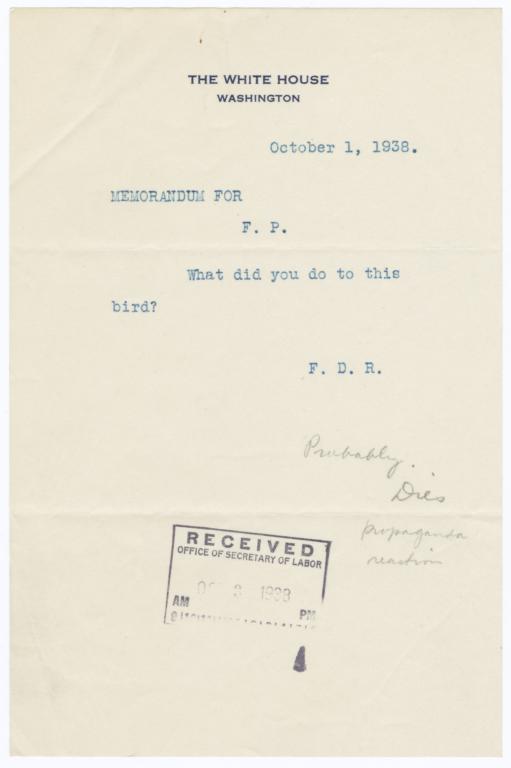 President Franklin Delano Rooselvet memo to Frances Perkins about Bailey's telegram