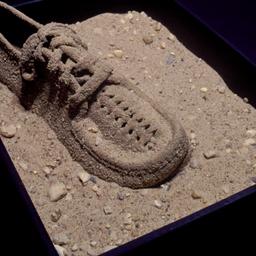 Shoe display with sand shoes.