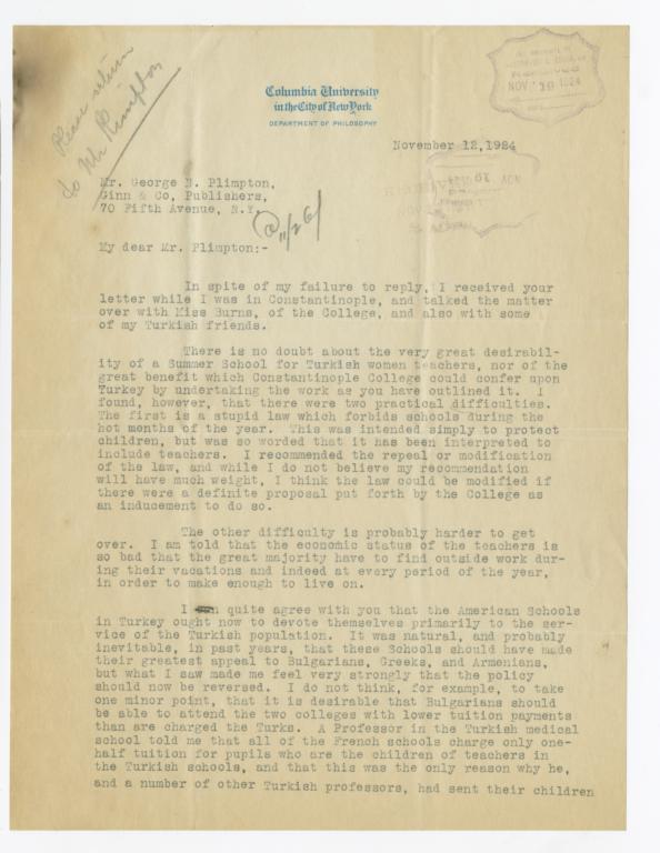 Letter to George A. Plimpton, November 12, 1924. Page 1
