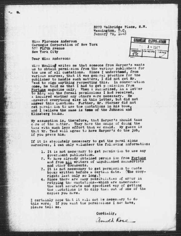 Letter from Arnold M. Rose to Florence Anderson, January 29, 1943