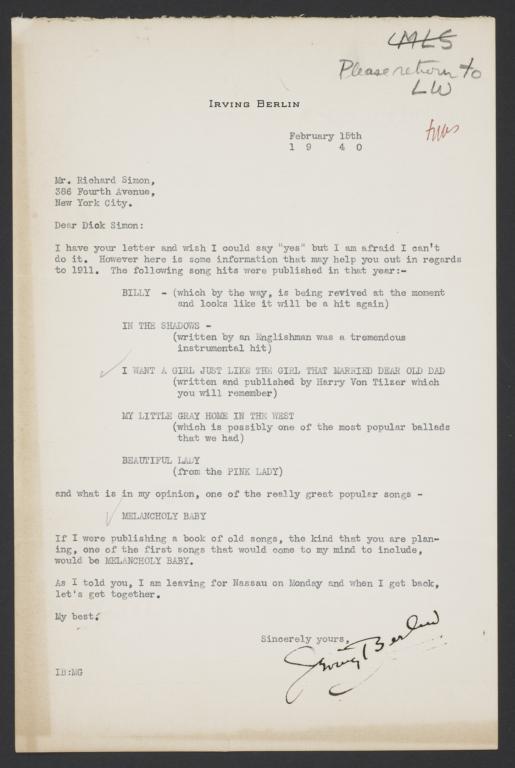 Letter from Irving Berlin to Richard Simon