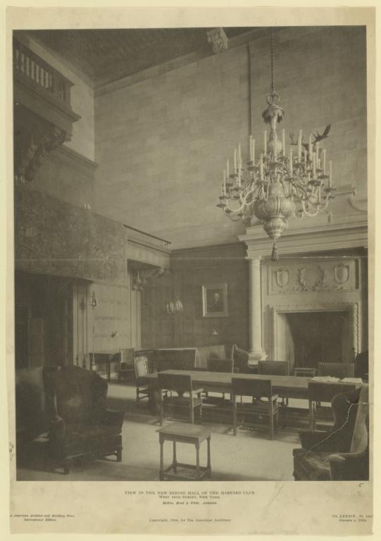 View in the new Dining Hall of the Harvard Club, West 44th Street, New York. McKim, Mead & White, Architects