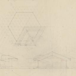 Roof plan, two elevations
