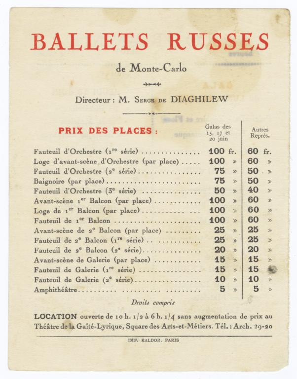 Ballets Russes de Monte-Carlo: Event Seating Price List