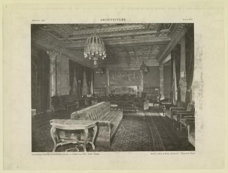 Plate XIV. Lounging Room, Harmonie Club, 10 East 60th St., New York. McKim, Mead & White, Architects. Wurts Bros. Photo