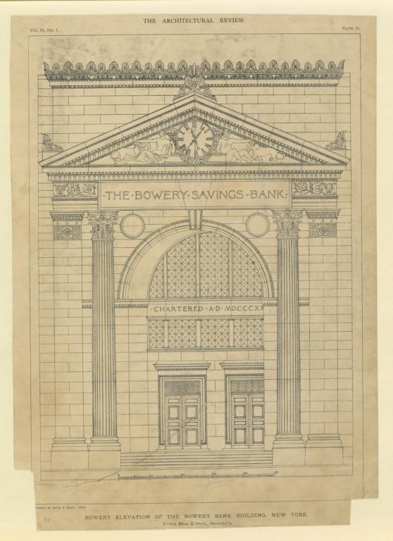 Plate VI. Bowery elevation of the Bowery Bank Building, New York. McKim, Mead & White, Architects