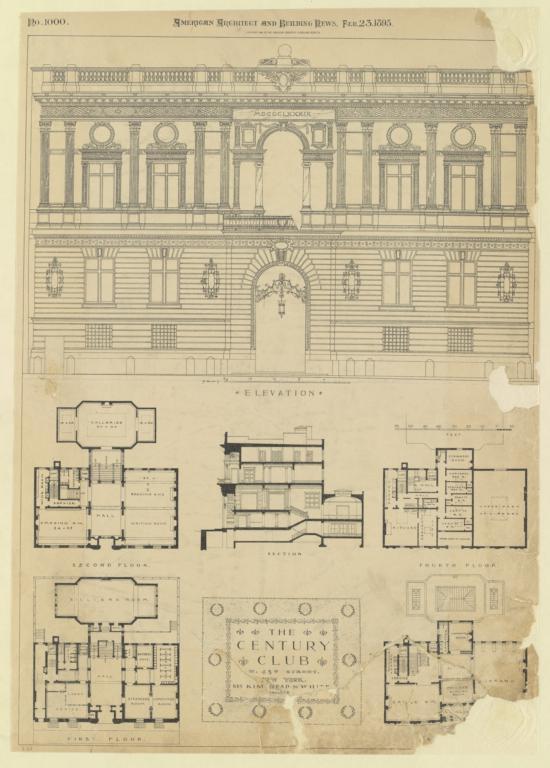 Elevation. Second Floor. Section. Fourth Floor. First Floor. [Third Floor.] The Century Club. W. 43rd Street, New York. McKim, Mead & White, Architects