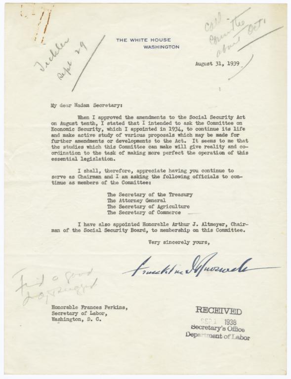 Letter from President Franklin Delano Roosevelt to Secretary of Labor ...