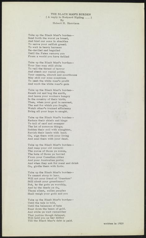 Black Man's Burden : poem, undated [written in 1920] : broadside