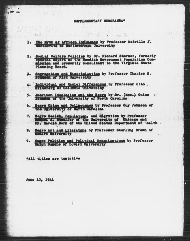 Carnegie-Myrdal Study, Supplementary Memoranda, June 10, 1941
