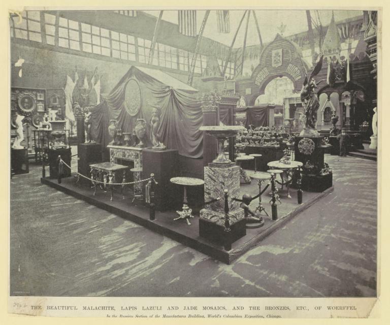 The Beautiful malachite, lapis lazuli and jade mosaics, and the bronzes, etc. of Woerffel. In the Russian Section of the Manufactures Building, World's Columbian Exposition, Chicago