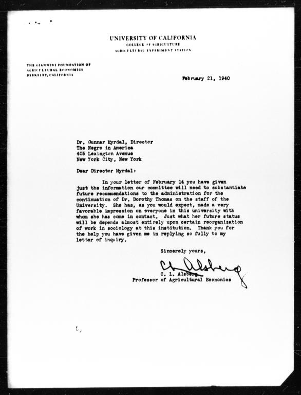 Letter from C.L. Alsberg to Gunnar Myrdal, February 21, 1940
