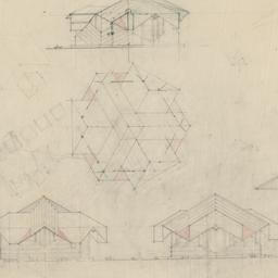 Roof plan, three elevations