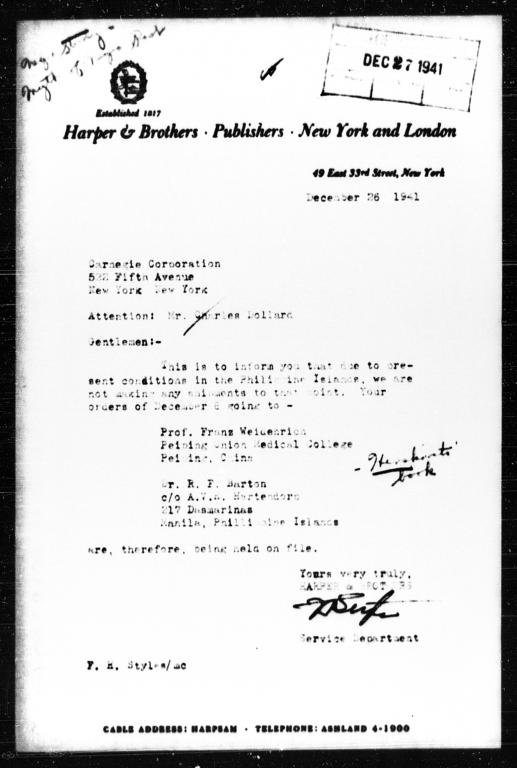 Letter from F.H. Styles of Harper & Brothers to Charles Dollard, December 26, 1941