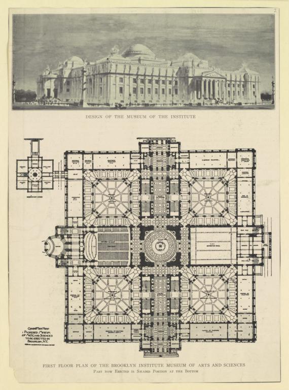 Design of the museum of the institute and first floor plan of the Brooklyn Institute Museum of Arts and Sciences. Part now erected is shaded portion at the bottom