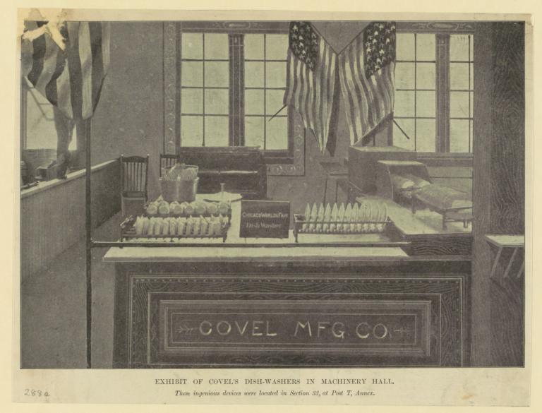 Exhibit of Covel's dish-washers in Machinery Hall. These ingenious devices were located in Section 33, at Post T, Annex