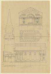 Plates 43 and 46. Transverse section. Plan. Longitudinal section. The Congregational Church, Naugatuck, Conn. McKim, Mead & White, Architects