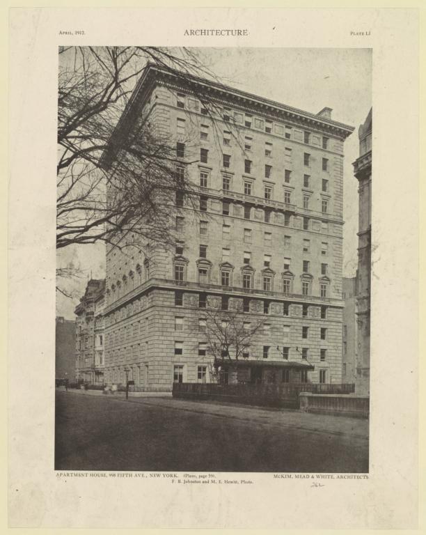 Plate LI. Apartment house, 998 Fifth Ave., New York. McKim, Mead & White, Architects. F. B. Johnston and M. E. Hewitt, Photo