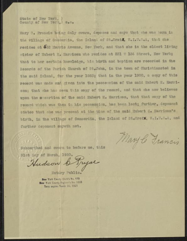 Mary C. Francis Statement regarding her and Hubert H. Harrison's births : affidavit, 31 March 1920 : typed document signed