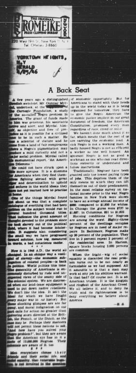 Article discussing AN AMERICAN DILEMMA, YORKTOWN HERALD, April 25. 1946