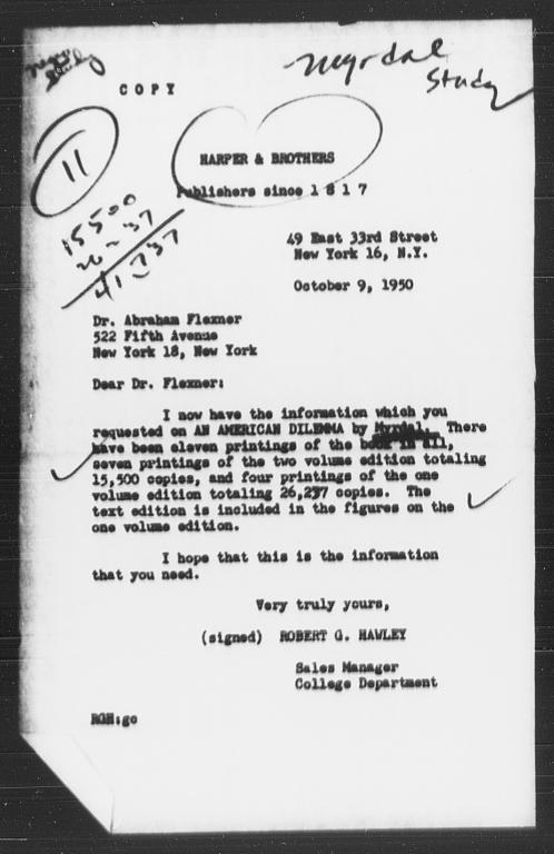 Letter from Robert G. Hawley of Harper & Brothers to Abraham Flexner, October 9, 1950