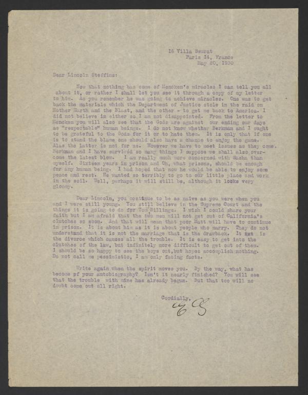 Letter from Emma Goldman to Lincoln Steffens