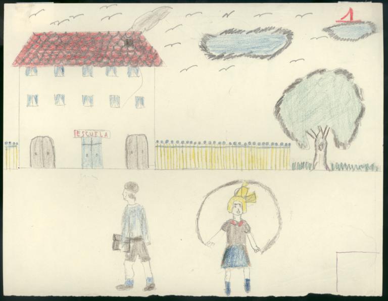 I Have Drawn A School And Two Children Going To School A Girl And A Boy The Girl Is Jumping And The Boy Is Carrying His Schoolbag Dlc Catalog