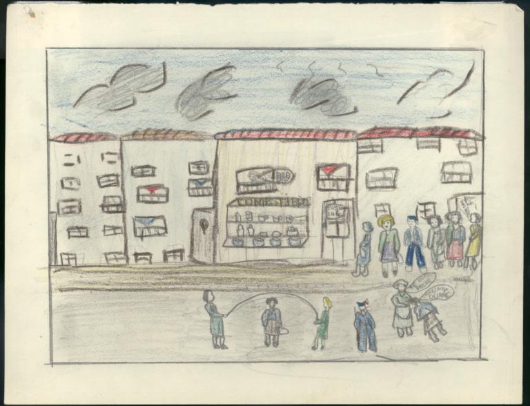 This Drawing Is Of A Day When I Went To The Breadline, And Since There Were Many People I Began To Skip Rope With My Friends.