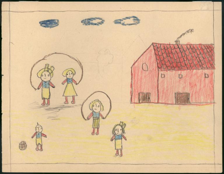 This Drawing Is A House Next To The School And There Are Also Some Girls Skipping Rope.