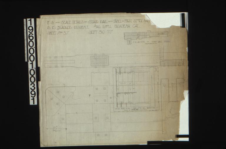 F. S. And scale details of stair rail and panel of first story hall -- plan\, elevation\, F. S. section of finish wall string (main stairway)\, typical apnel detail of first story hall wainscoting (widths vary) : Sheet no. 57\,