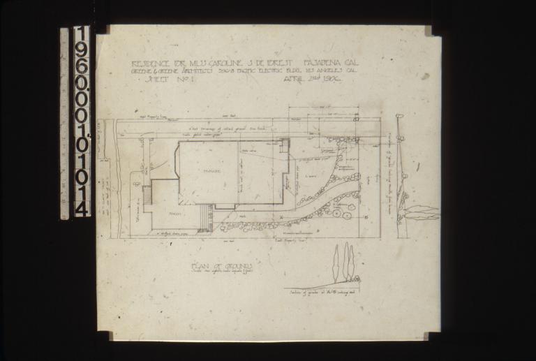 Plan of grounds\, section of grade at "A"-"B" looking west\, elevation of grade looking north from house : Sheet no. 1\,