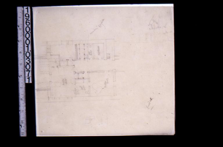 Plan of area with bedr'ms\, bathrooms\, and kichenette; unidentified sketches.