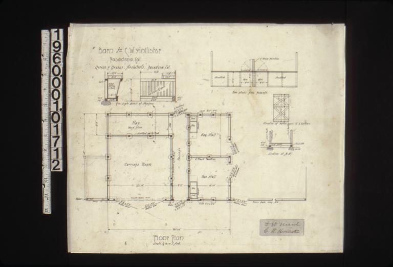 Barn -- floor plan\, 1/2 in. scale detail of mangers\, elevation of box stalls from passage\, elevation of batten doors in 2 sections\, section at "A-A".