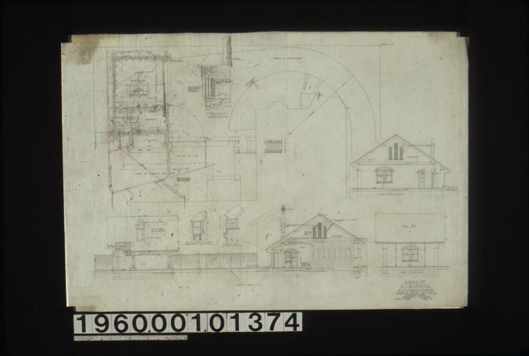 Plan of garage and yard; section on line X-X (see north elevation); elev. of gate; south elevation; east elevation; detail of lintels over window & door openings; detail of wall plate\, etc.; north elevation; west elevation : Sheet no. 1.