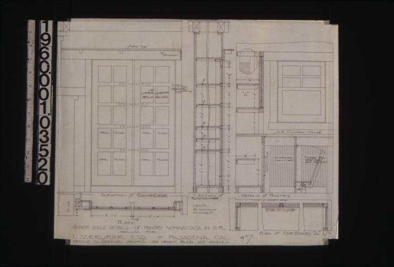 1 1/2 inch scale details of pantry and china case in dining room -- plan\, section and elevation of china case; details of pantry in plan and elevation\, plan of cupboard "A" : #7.