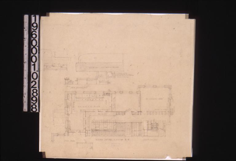End and side elevations of north table and bench with detail drawings of table; partial plan; revised sectional elevation B-B; elevation of counter on north wall.