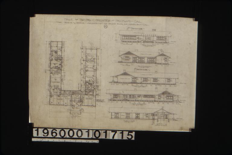 Plan\, front elevation\, west elevation\, north elevation\, south elevation\, elevation of inside of court with section throsic hall : No. 1.