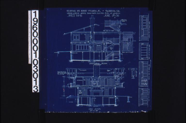 Longitudinal section; cross section; side elev. of stairs\, front elev. of stairs; detail drawing of plate rail; interior elevations -- east side of dining rm\, south side of dining rm\, west side of dining room\, north side of dining room; Sheet no. 6\,