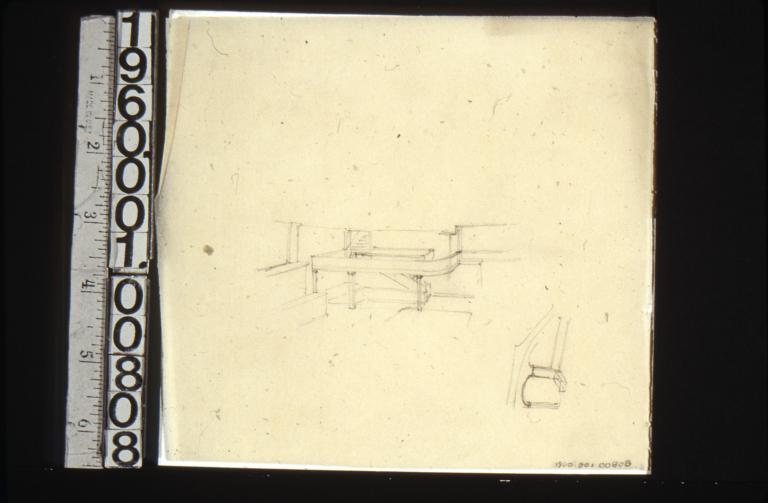 Perspective sketches of staircase in corner.