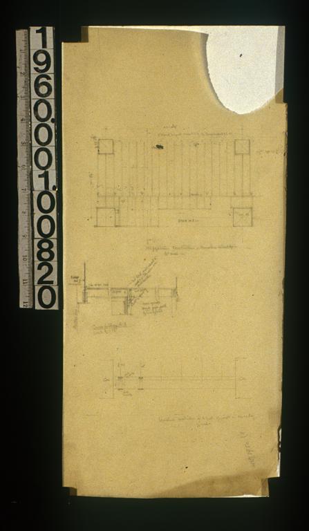 Framing plan of mezzanine construction in bay where stairs go in\, cross section A-A\, elevation of construction at North end of joists in above bay.