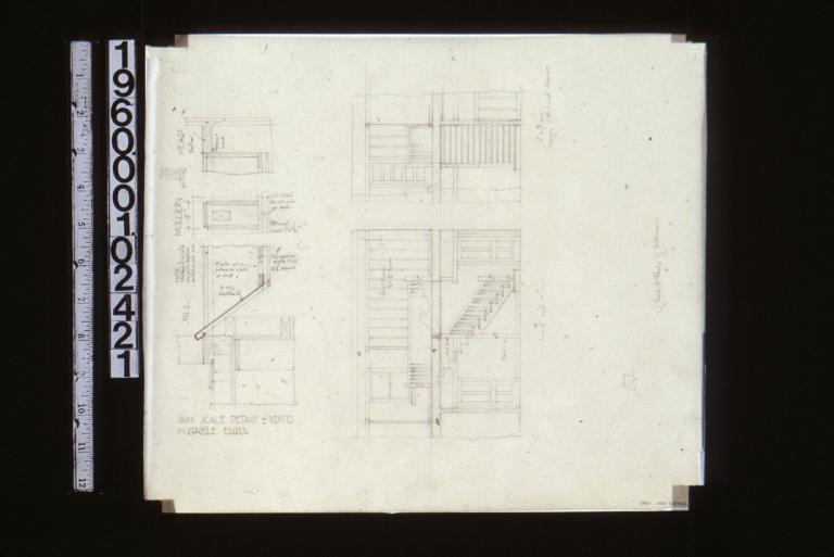 1 1/2 in. scale details of vents in gable ends; elevations of -- south side of stairs\, east side of stairs (shows dining room & living room wainscot).