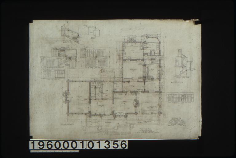 First floor plan; section B-S thru billiar rm stairs looking north\, section L-E looking east\, hall and elevationof stairs looking south\, elevation of hall looking east\, west elevation of billiard room stairs\, hall and elevation of stairs looking ewest elevation of rear stairs on line R-S\, south elevation and west elevation ofbreakfast room : Sheet no. 2.
