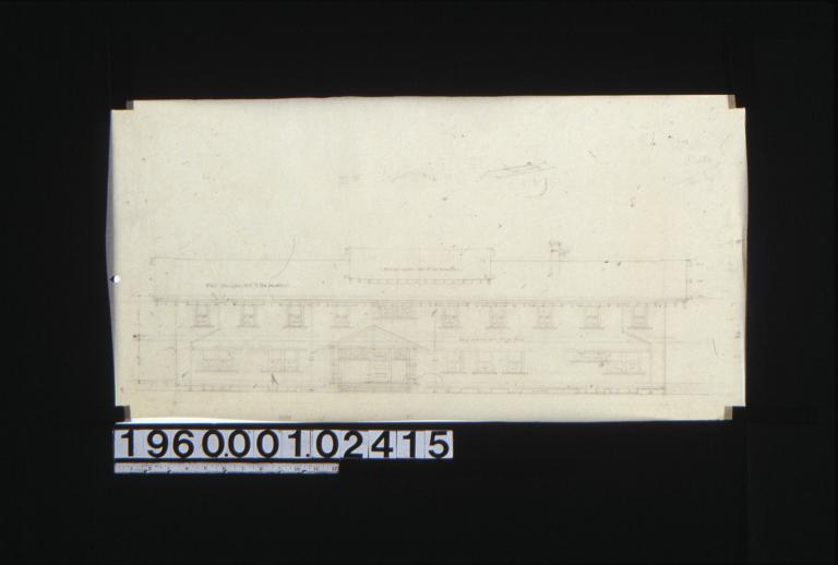 Front (east) elevation; with assorted rough sketches