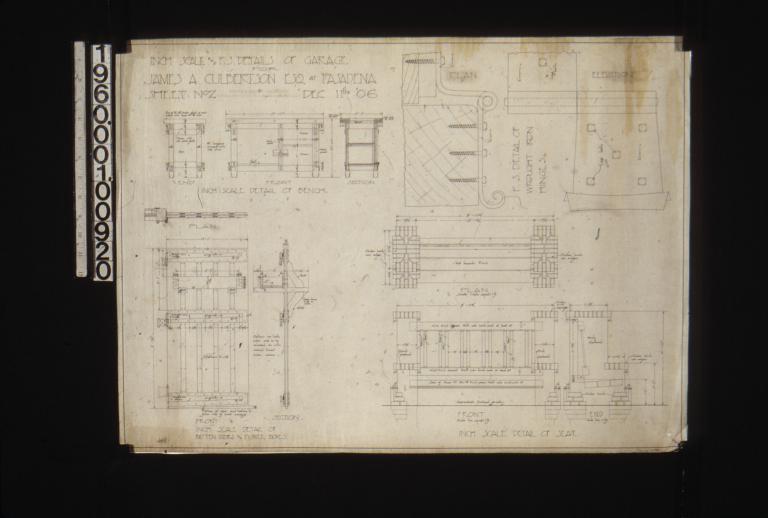 Inch scale and full sized details -- inch scale detail of bench in end and front elevations\, section; F.S. detail of wrought iron hinges in plan and elevation; inch scale detail of batten doors and flower boxes in plan\, front elevation\, and section; inch scale detail of seat in fornt and end elevations\, plan : Sheet no. 2\,