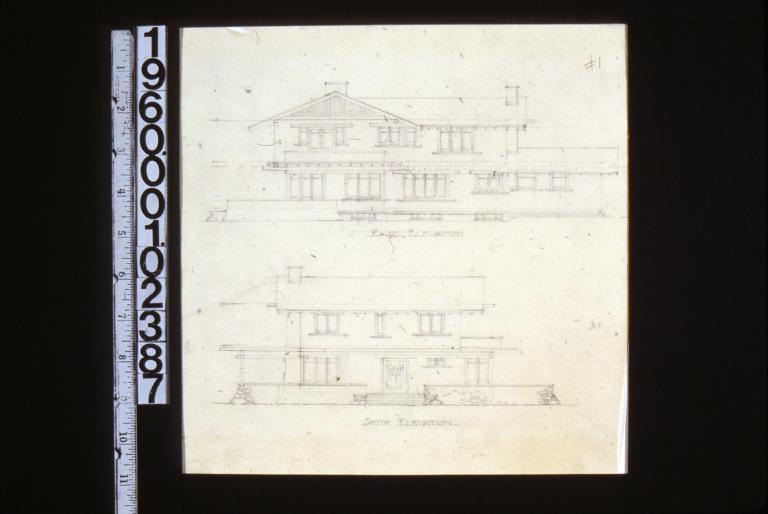 Preliminary drawings of east elevation\, south elevation\, scheme #1. (2)