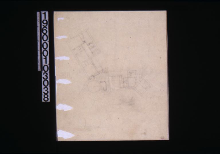 Partial plan of house\, rough sketch of tower\, unidentified sketches