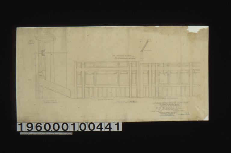 Full size and scale details of window sash and frames\, enclosure of southwest balcony\, addition -- F. S. section of sash and frames; interior elevations -- south elevation\, east and west elevations; plan of corner : Sheet no. 1\,