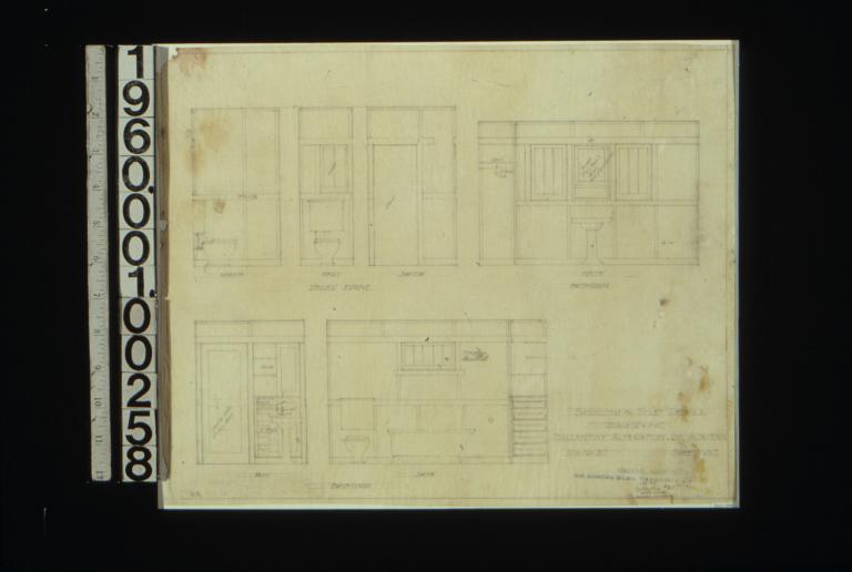 Bathroom and toilet details -- north\, west\, and south elevations of toilet room; north\, west and south elevations of bathroom : Sheet no. 7.