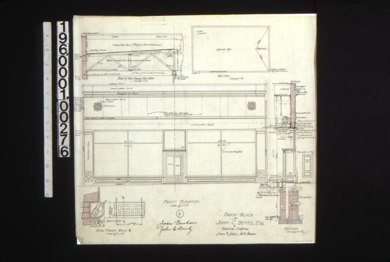 Front elevation\, detail in section of roof showing east rafter\, roof plan\, section through front at vestibule\, detail of cement mould : 3.