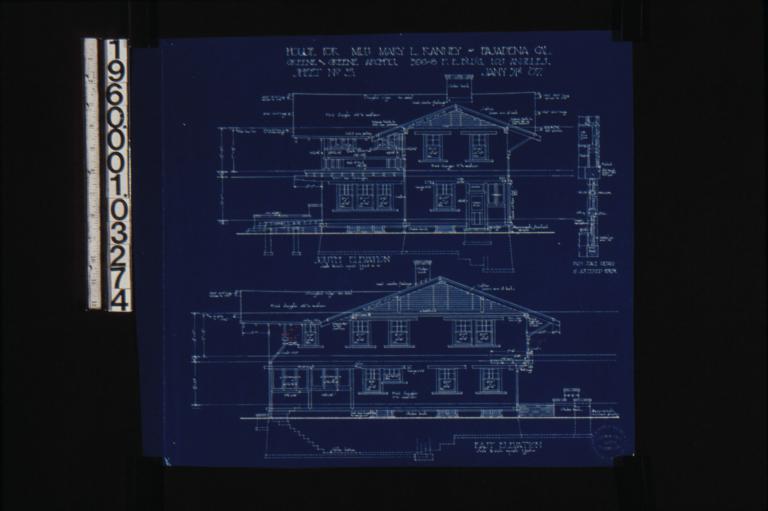 South elevation; east elevation; details of screened porch : Sheet no. 5\, (2)